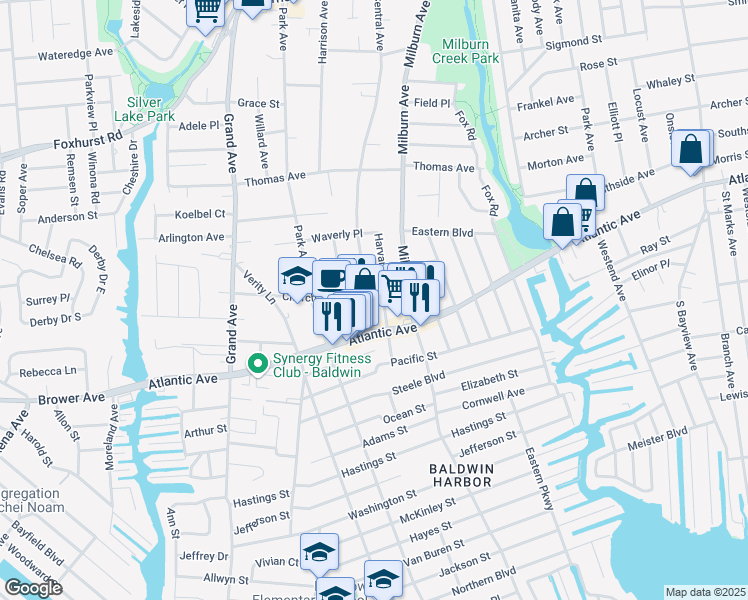 map of restaurants, bars, coffee shops, grocery stores, and more near 2 Bayview Avenue in Baldwin