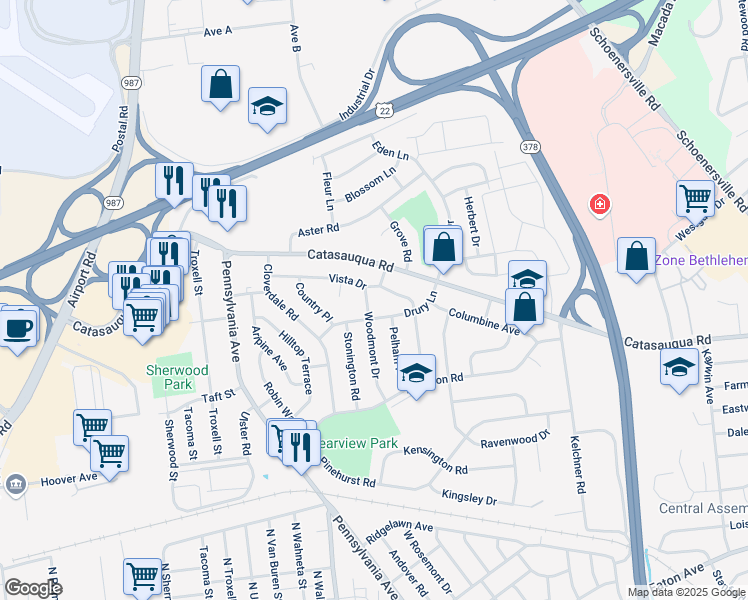 map of restaurants, bars, coffee shops, grocery stores, and more near 2020 Woodmont Dr in Bethlehem