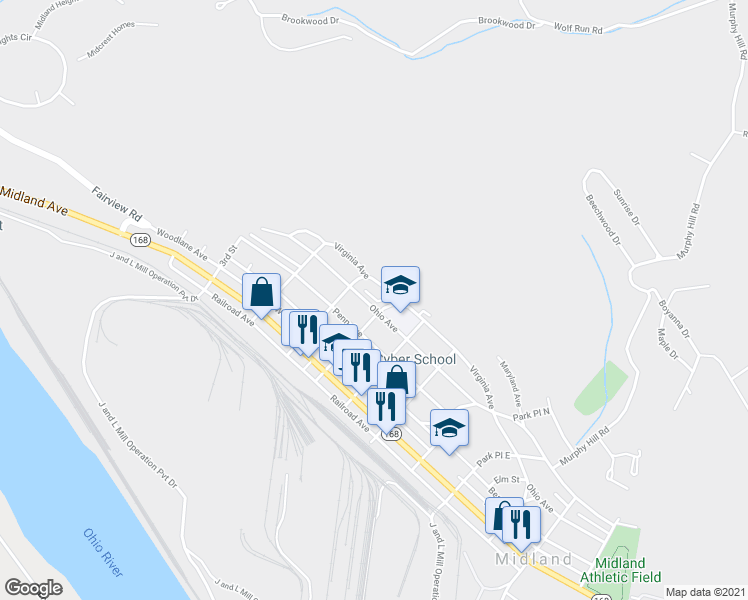 map of restaurants, bars, coffee shops, grocery stores, and more near 545 Ohio Avenue in Midland