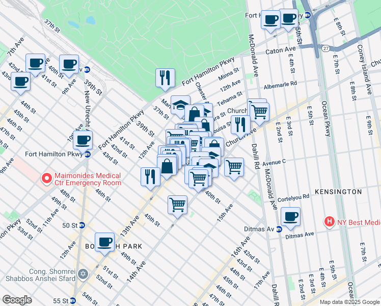 map of restaurants, bars, coffee shops, grocery stores, and more near 3801 13th Avenue in Brooklyn