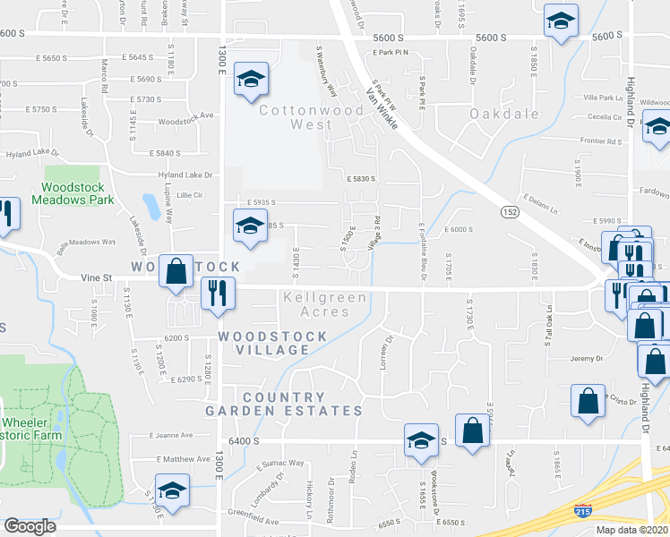 map of restaurants, bars, coffee shops, grocery stores, and more near 6066 South 1480 East in Murray