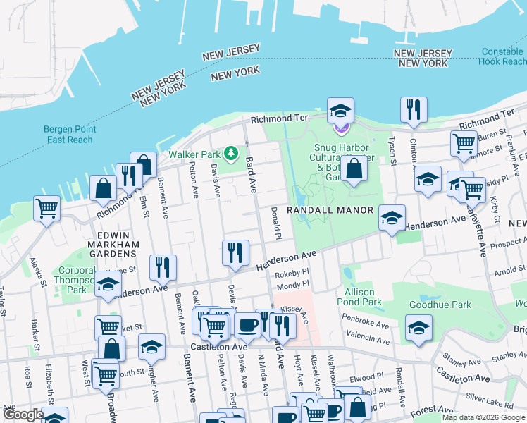 map of restaurants, bars, coffee shops, grocery stores, and more near 151 Bard Avenue in Staten Island