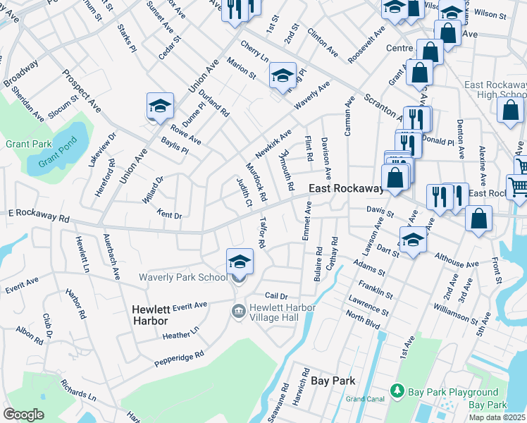 map of restaurants, bars, coffee shops, grocery stores, and more near 295 Main Street in East Rockaway