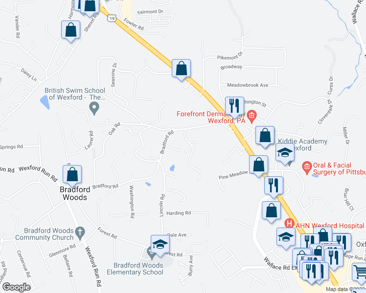map of restaurants, bars, coffee shops, grocery stores, and more near 811 Willow Road in Bradford Woods