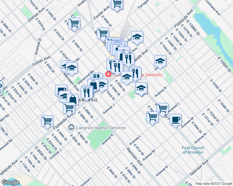 map of restaurants, bars, coffee shops, grocery stores, and more near 1214 E 94th St in Brooklyn