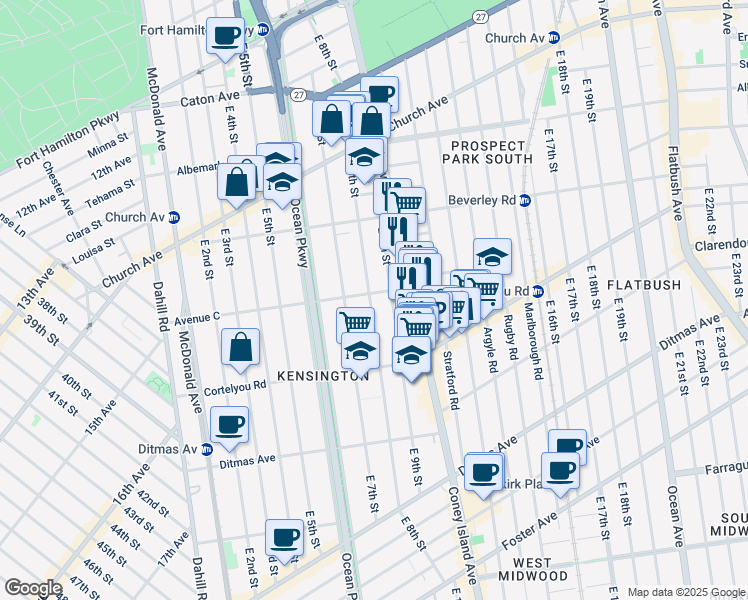 map of restaurants, bars, coffee shops, grocery stores, and more near 361 East 8th Street in Brooklyn