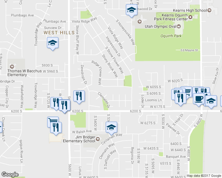 map of restaurants, bars, coffee shops, grocery stores, and more near 5347 Ridge Flower Way in Kearns