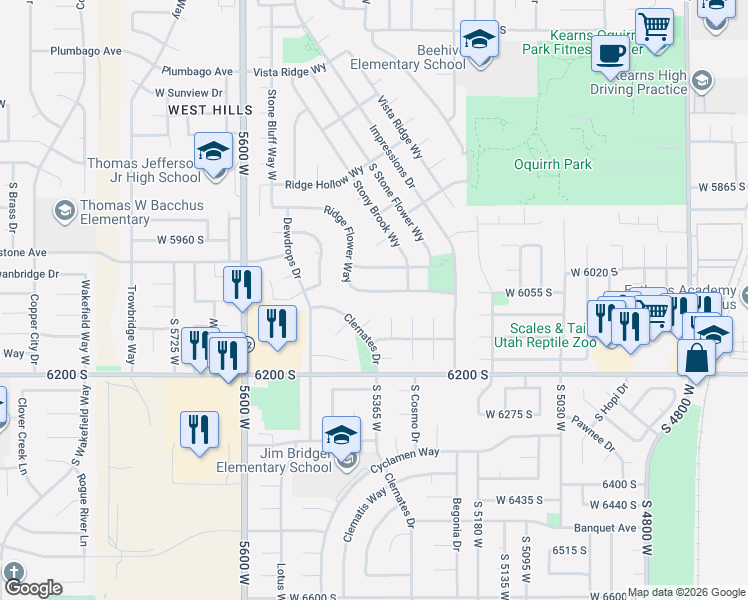 map of restaurants, bars, coffee shops, grocery stores, and more near 5347 Ridge Flower Way in Kearns