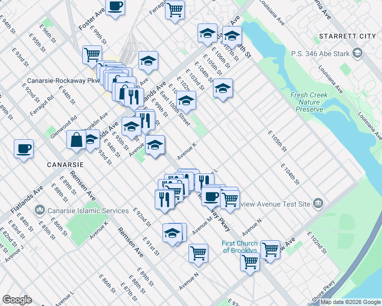 map of restaurants, bars, coffee shops, grocery stores, and more near 9802 Avenue K in Brooklyn