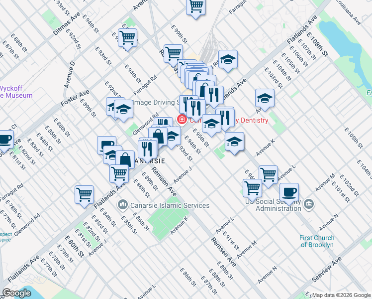 map of restaurants, bars, coffee shops, grocery stores, and more near 1214 East 94th Street in Brooklyn