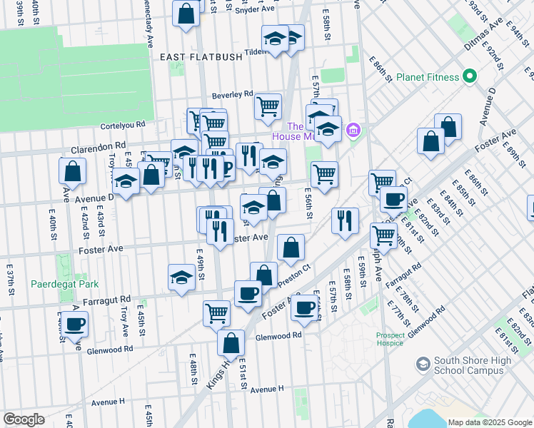map of restaurants, bars, coffee shops, grocery stores, and more near 5432 Kings Highway in Brooklyn