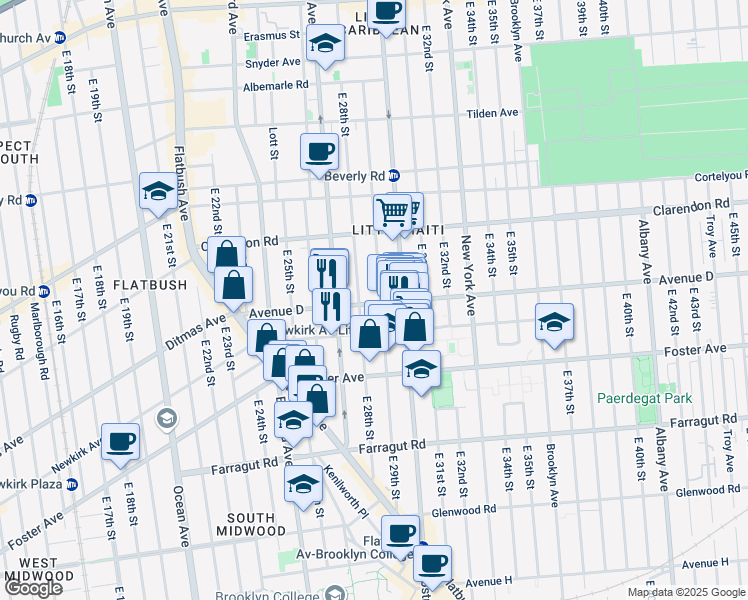 map of restaurants, bars, coffee shops, grocery stores, and more near 2811 Avenue D in Brooklyn