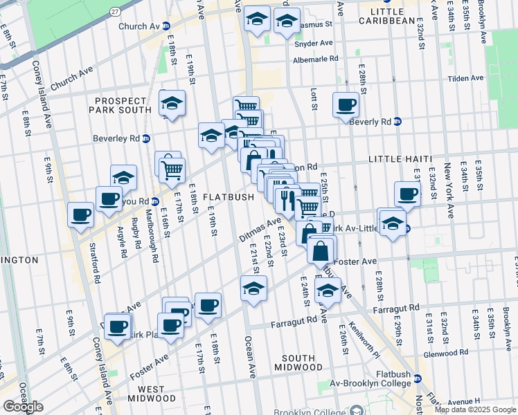 map of restaurants, bars, coffee shops, grocery stores, and more near 440 East 22nd Street in Brooklyn