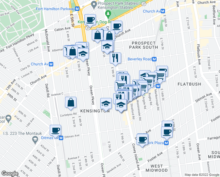 map of restaurants, bars, coffee shops, grocery stores, and more near 361 East 8th Street in Brooklyn