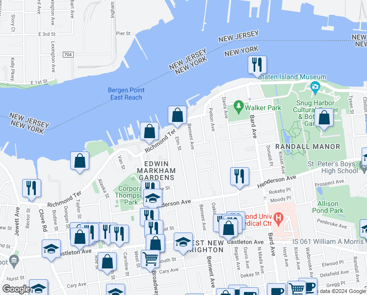map of restaurants, bars, coffee shops, grocery stores, and more near 40 Elm Street in Staten Island