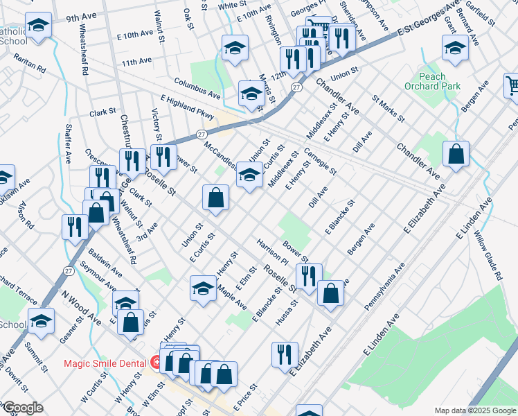 map of restaurants, bars, coffee shops, grocery stores, and more near 721 East Henry Street in Linden