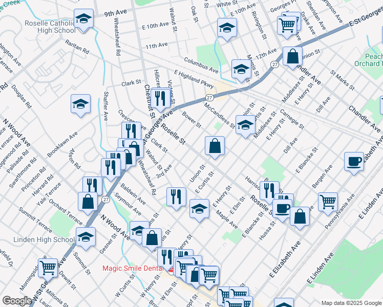 map of restaurants, bars, coffee shops, grocery stores, and more near 1204 Roselle Street in Linden