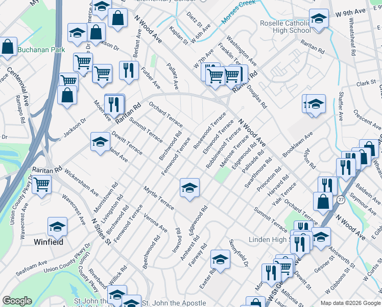 map of restaurants, bars, coffee shops, grocery stores, and more near 122 Elmwood Terrace in Linden