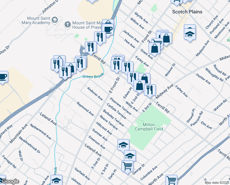 map of restaurants, bars, coffee shops, grocery stores, and more near 1437-39 Edwin Place in Plainfield