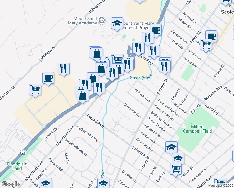 map of restaurants, bars, coffee shops, grocery stores, and more near 96 Raymond Avenue in Plainfield