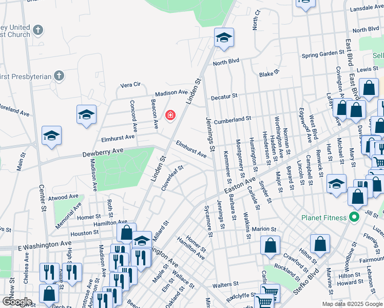 map of restaurants, bars, coffee shops, grocery stores, and more near 654 Elmhurst Avenue in Bethlehem