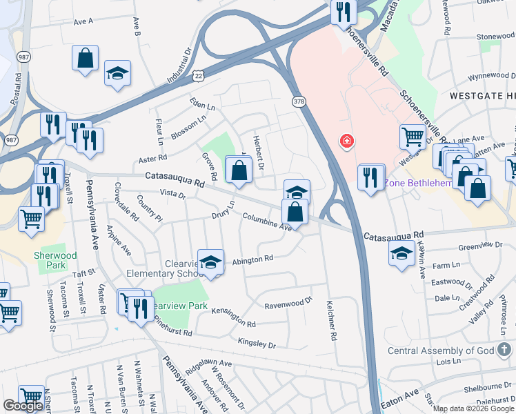 map of restaurants, bars, coffee shops, grocery stores, and more near 1919 Catasauqua Road in Bethlehem