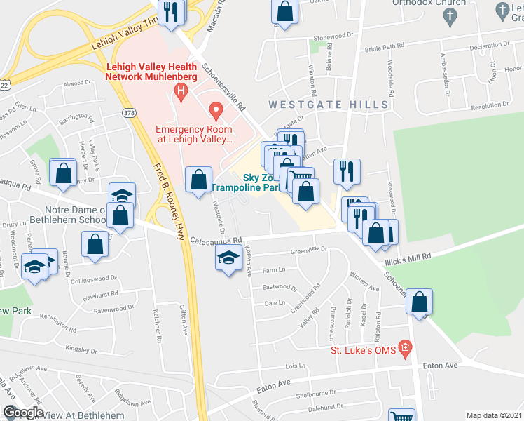 map of restaurants, bars, coffee shops, grocery stores, and more near 2031 Westfield Terrace in Bethlehem