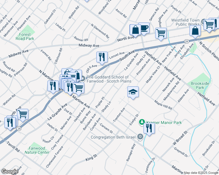 map of restaurants, bars, coffee shops, grocery stores, and more near 37 Poplar Place in Fanwood
