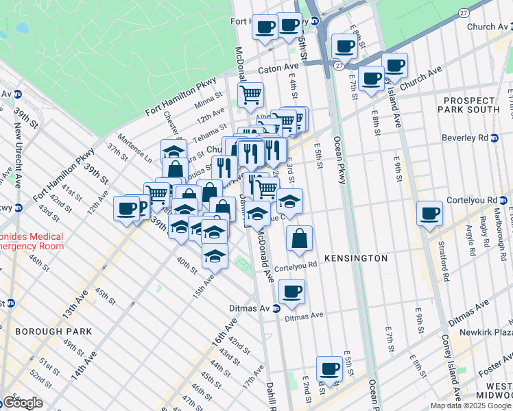 map of restaurants, bars, coffee shops, grocery stores, and more near 261 Dahill Road in Brooklyn