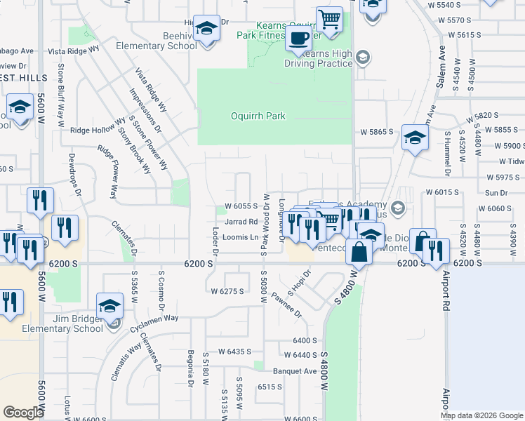 map of restaurants, bars, coffee shops, grocery stores, and more near 6072 South Park Wood Drive West in Kearns
