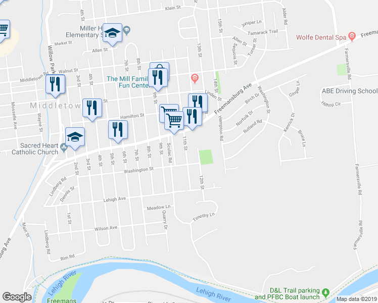 map of restaurants, bars, coffee shops, grocery stores, and more near 1726 11th Street in Bethlehem