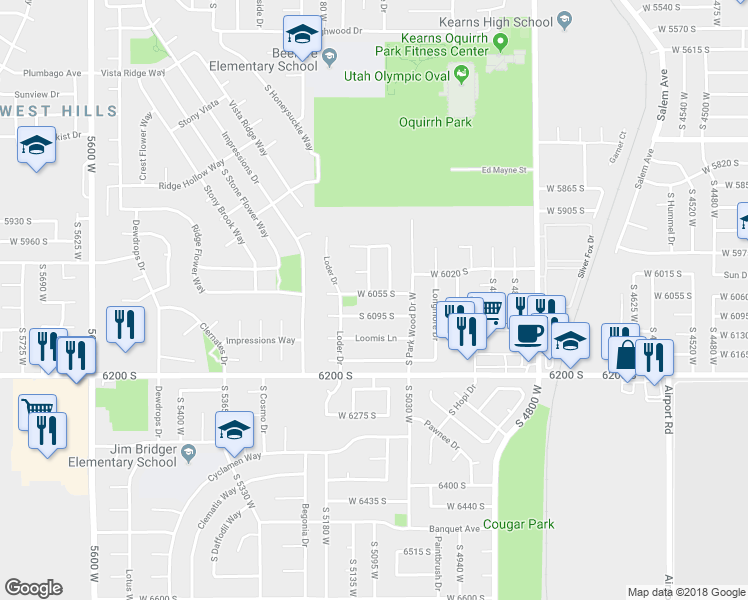 map of restaurants, bars, coffee shops, grocery stores, and more near 5091 West 6055 South in Salt Lake City