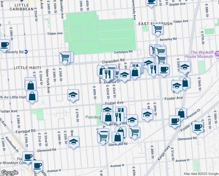 map of restaurants, bars, coffee shops, grocery stores, and more near 581 East 42nd Street in Brooklyn