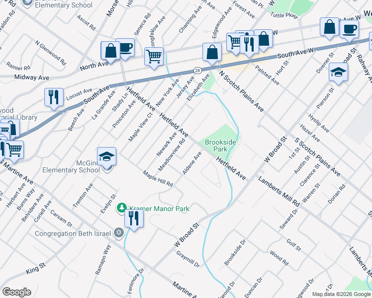 map of restaurants, bars, coffee shops, grocery stores, and more near 2125 Cheyenne Way in Scotch Plains