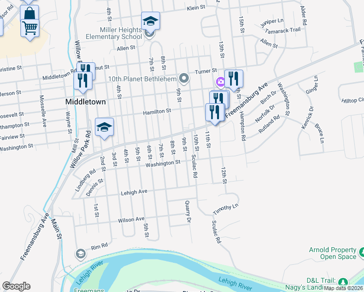 map of restaurants, bars, coffee shops, grocery stores, and more near 1731 9th Street in Bethlehem