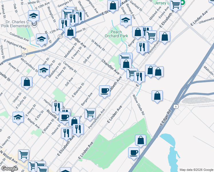 map of restaurants, bars, coffee shops, grocery stores, and more near 1030 Essex Avenue in Linden