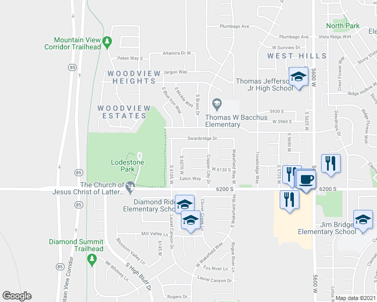 map of restaurants, bars, coffee shops, grocery stores, and more near 6043 Parkham Way in Kearns