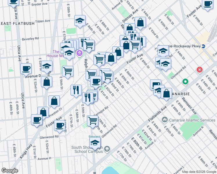 map of restaurants, bars, coffee shops, grocery stores, and more near 523 East 82nd Street in Brooklyn