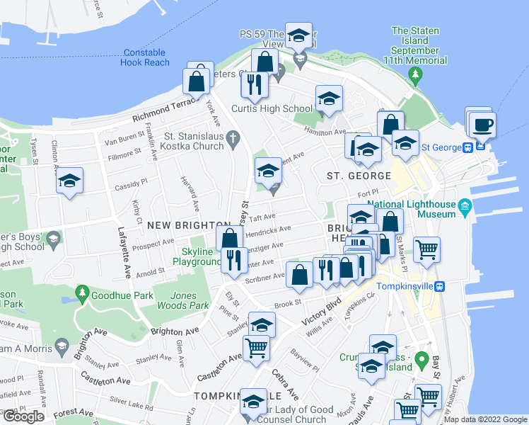 map of restaurants, bars, coffee shops, grocery stores, and more near 57 Taft Avenue in Staten Island