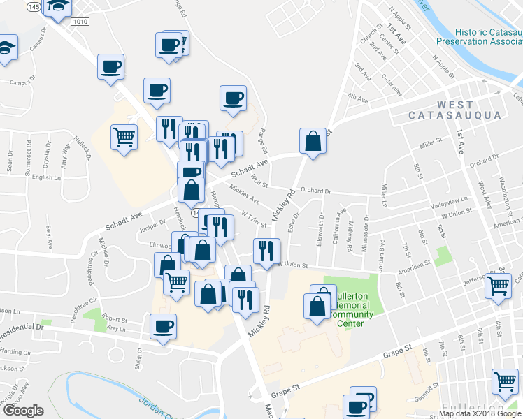map of restaurants, bars, coffee shops, grocery stores, and more near 1120 Mickley Avenue in Whitehall