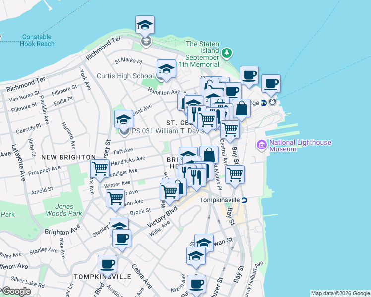 map of restaurants, bars, coffee shops, grocery stores, and more near 2 Monroe Avenue in Staten Island