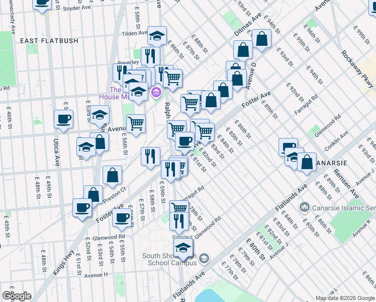 map of restaurants, bars, coffee shops, grocery stores, and more near 419 East 81st Street in Brooklyn