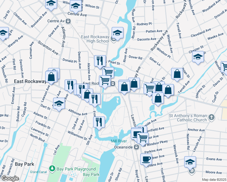 map of restaurants, bars, coffee shops, grocery stores, and more near 53 Station Plaza in Oceanside