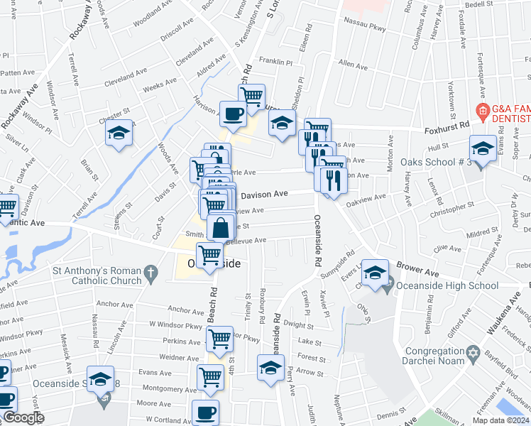 map of restaurants, bars, coffee shops, grocery stores, and more near 72 Fairview Avenue in Oceanside