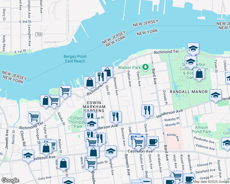 map of restaurants, bars, coffee shops, grocery stores, and more near 68 Bement Avenue in Staten Island