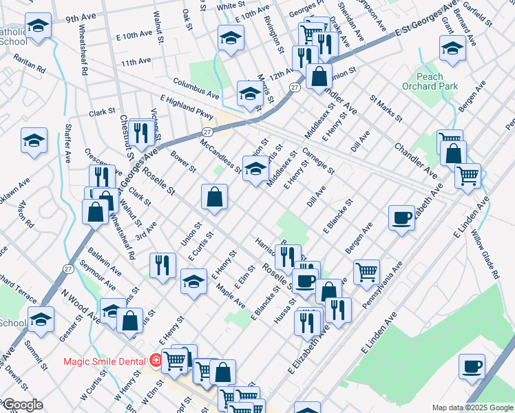 map of restaurants, bars, coffee shops, grocery stores, and more near 721 East Henry Street in Linden