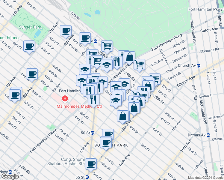 map of restaurants, bars, coffee shops, grocery stores, and more near 1128 42nd Street in Brooklyn