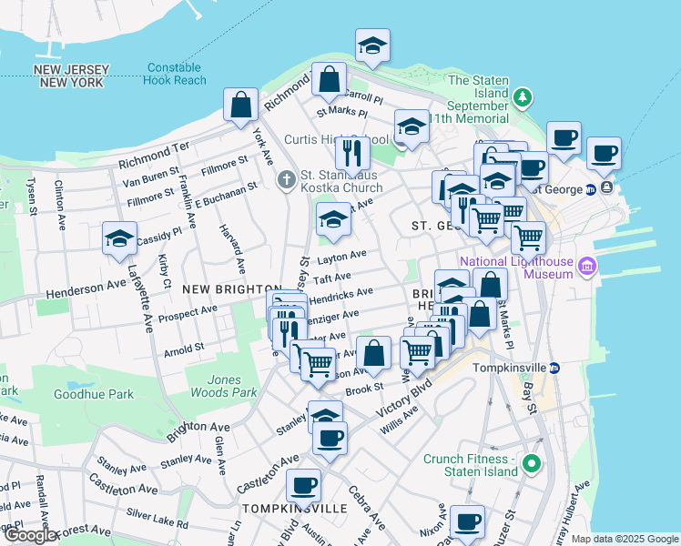 map of restaurants, bars, coffee shops, grocery stores, and more near 57 Taft Avenue in Staten Island