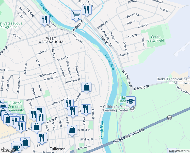 map of restaurants, bars, coffee shops, grocery stores, and more near 1132 Lehigh Avenue in Fullerton