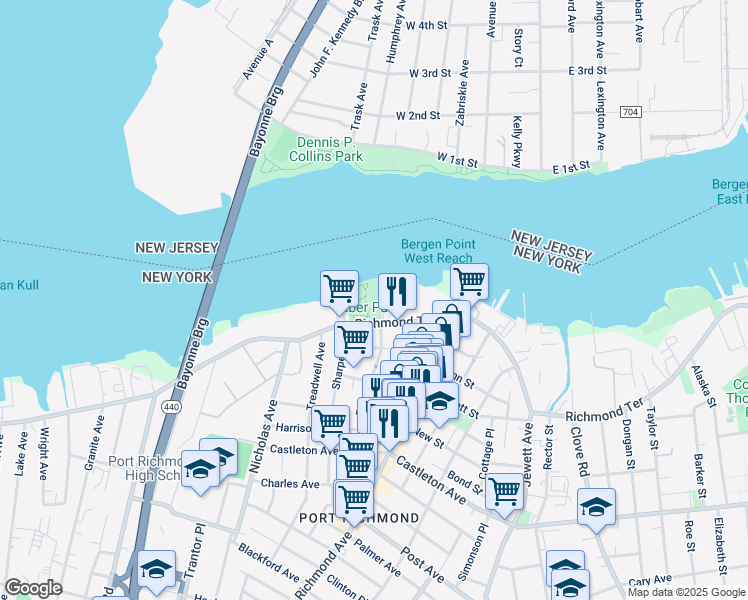 map of restaurants, bars, coffee shops, grocery stores, and more near 2175 Richmond Terrace in Staten Island